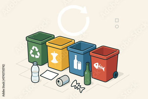 Colorful isometric recycling bins with waste sorting icons for sustainable practices