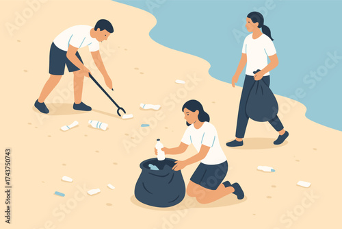 People collecting trash on beach in isometric style as environmental conservation concept