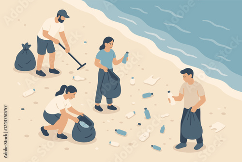 Beach cleanup by volunteers in isometric style: ocean conservation and community effort