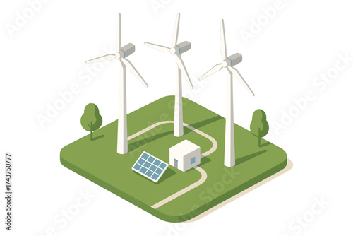 Renewable energy concept with wind turbines and solar panels in isometric design