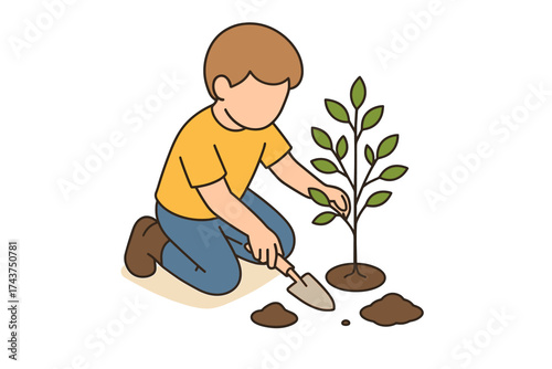 Child planting tree in garden for environmental conservation and nature education