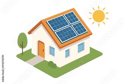 Eco-friendly house with solar panels in isometric style for sustainable living concepts