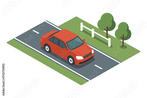 Red car on suburban road in isometric design