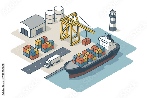 Isometric port scene with cargo ship and crane at dockside harbor