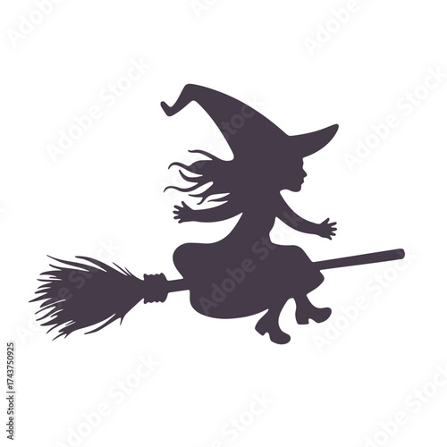 Silhouette of a witch with a pointed hat flying on a broomstick against a white plain background scene