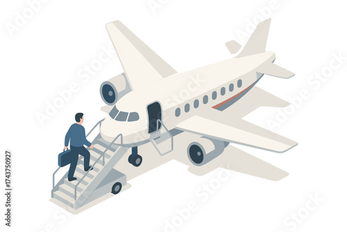 Isometric business traveler boarding plane with luggage