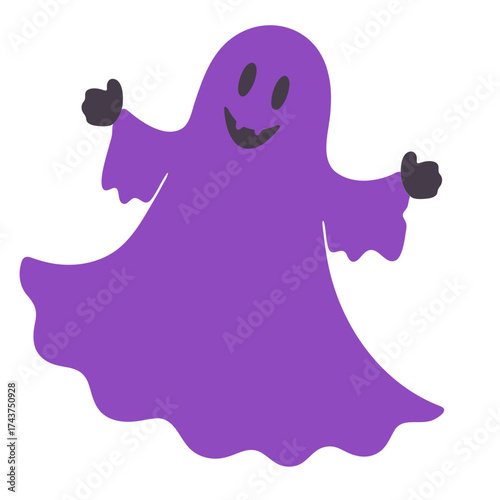 A purple ghost with black hands and a smiling face floating on a white background in a cartoon style