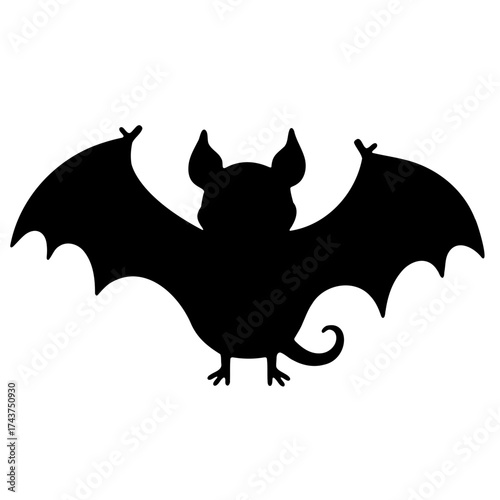 Silhouette of a halloween bat with spread wings and curly tail on a white background isolated image