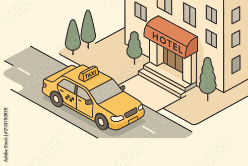 Isometric city scene with taxi outside hotel on street