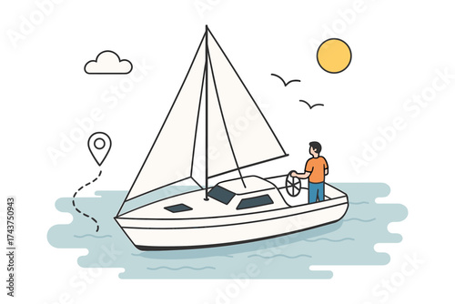 Sailboat adventure with minimalist design featuring calm waters and sun