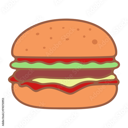 Illustration of a cartoon burger with visible layers of lettuce cheese and tomato sauce on white