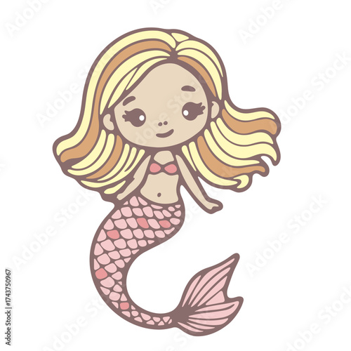 Illustration of a cute cartoon mermaid with blonde hair and a pink tail on a white background