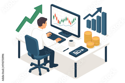 Business analyst at desk analyzing data with graphs and charts in modern office setting