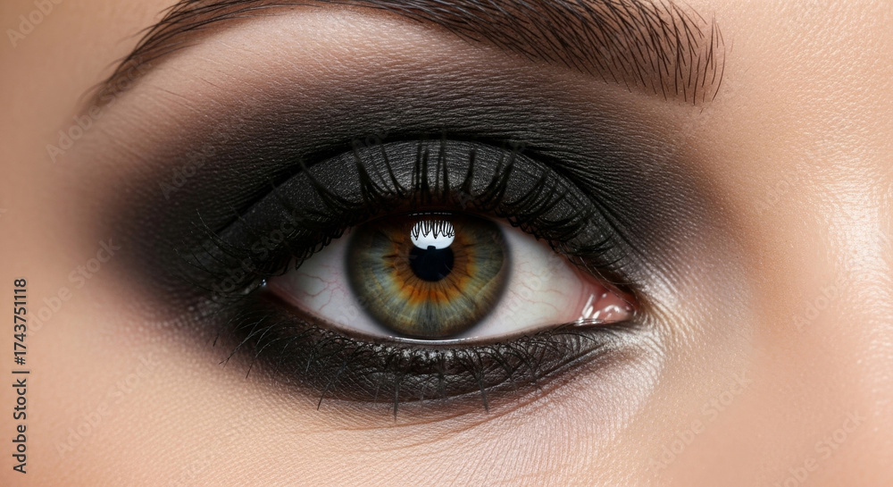 Obraz premium A high-detail, professional close-up photograph of a female eye with perfectly blended black eyeshadow, showcasing professional makeup artistry