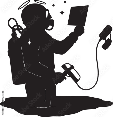 Silhouette of a diver wearing a gas mask and backpack holding a tablet and a device with a halo and sparkles