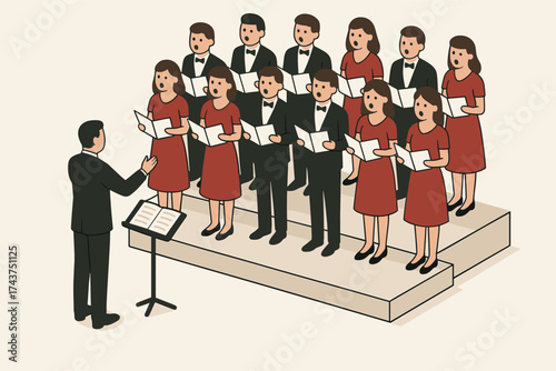 Isometric choir performance with conductor and singers holding sheet music