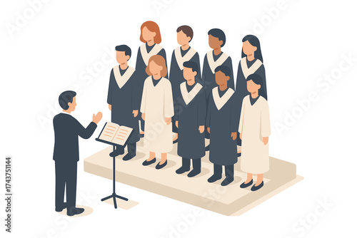 Choir conductor leading singing group on stage in isometric style