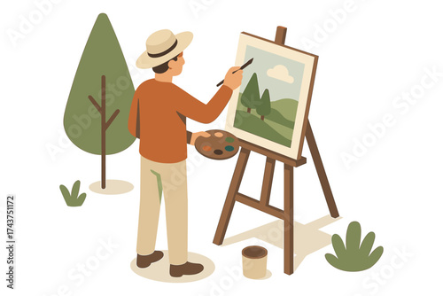 Artist painting landscape in nature with easel and brush in flat design style