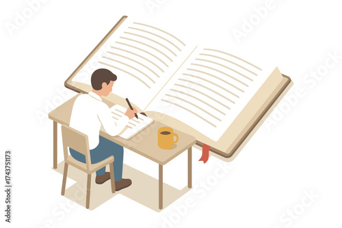 Isometric studying concept with man writing beside giant open book