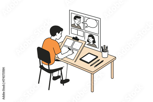 Remote collaboration: cartoonist video call while drawing at home desk