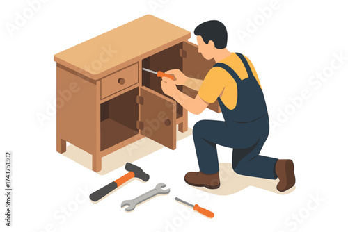Isometric man repairing wooden cabinet with tools on white background