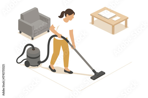 Home cleaning scene with woman vacuuming in modern living room isometric style