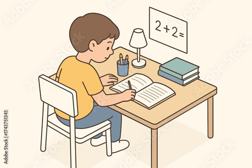 Child studying at desk in minimalist classroom setting with books and math problem