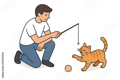 Man playing with cat using toy stick in minimalist style