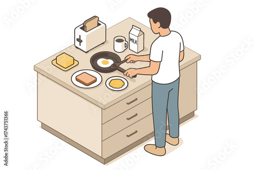 Morning routine: isometric view of a man cooking breakfast in the kitchen