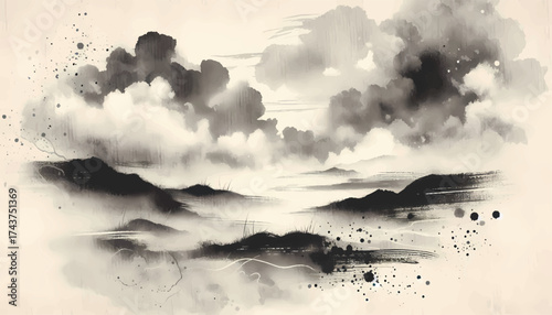  A monochrome ink-wash landscape featuring moody clouds, rolling hills, and a distant horizon over a calm sea. Suitable for nature, art, and design projects needing tranquil