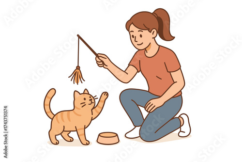 Woman playing with cat using toy in minimalist style