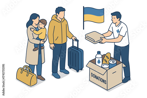 Humanitarian aid for refugees: support and donation scene with ukraine flag