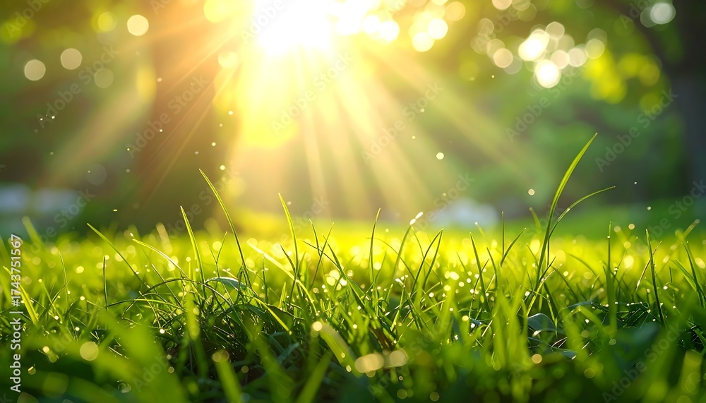 Fototapeta premium Sunlit grass glistens softly