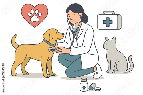 Veterinarian examining dog with cat nearby and medical equipment icons