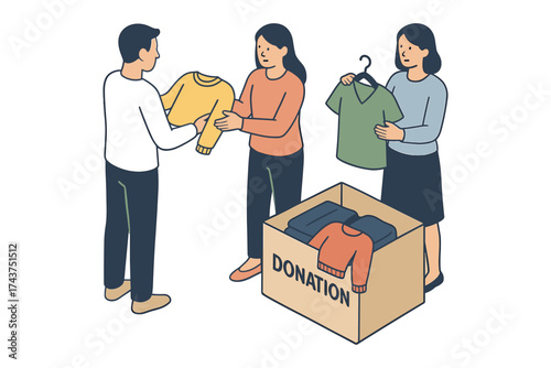 Community clothing donation scene with people helping each other
