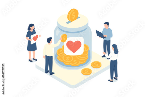 Isometric charity donation concept with people placing coins into a heart-labeled jar