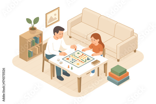 Family game night in cozy living room setting isometric style