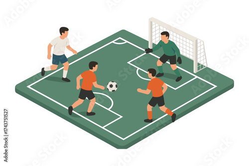 Isometric soccer game with players on miniature field