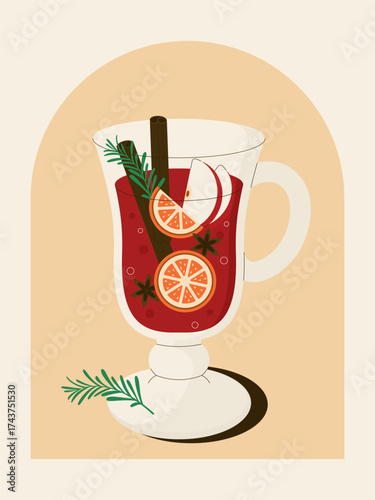 Flat vector illustration of mulled wine in a glass with orange, apple, cinnamon, and spices. Cozy winter and Christmas drink, perfect for holiday design and festive decoration.
