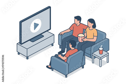Isometric family movie night watching on tv with snacks and drinks
