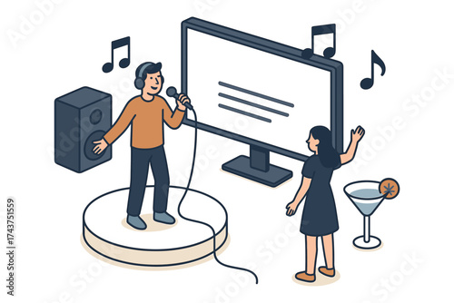 Isometric karaoke party with singing duo and music notes in a modern setting
