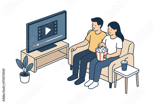 Couple watching movie at home with popcorn and drinks in cozy living room setting