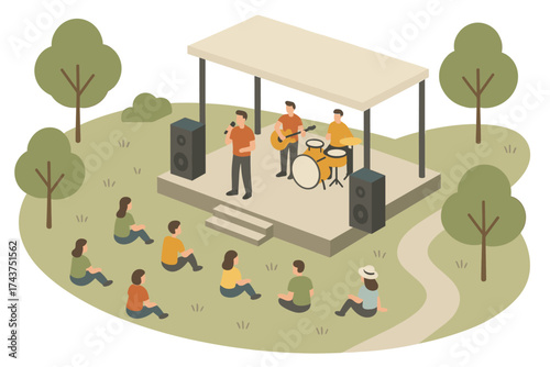 Outdoor isometric concert with musicians performing on stage in park setting