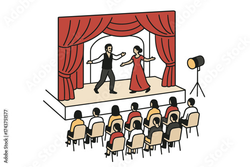 Isometric theater performance with audience in colorful stage setting