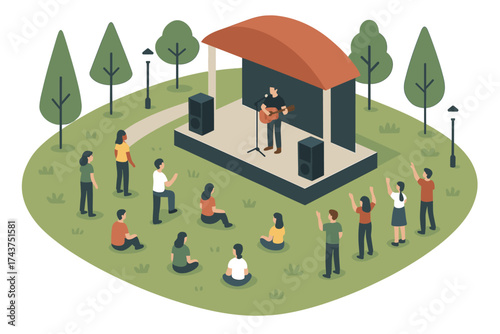Outdoor acoustic concert in park with audience enjoying live music in isometric style