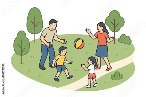 Family playing ball in the park with trees and grass in minimalist style