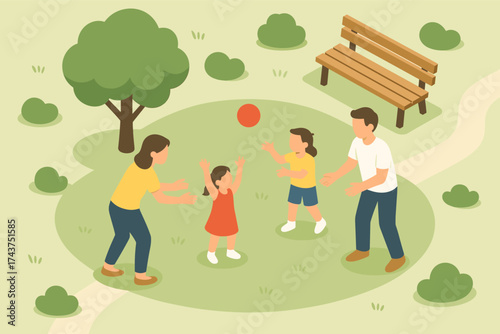 Family fun in park: parents and kids enjoy outdoor play with ball
