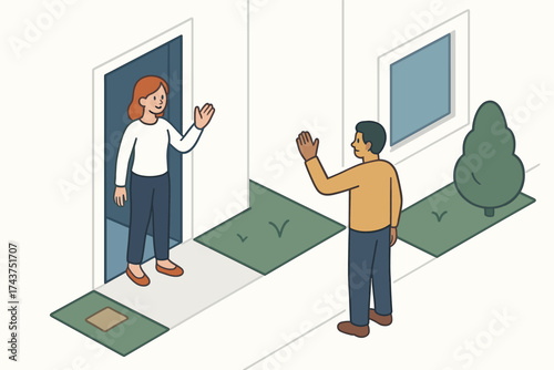 Friendly neighbors waving in an isometric scene of residential area