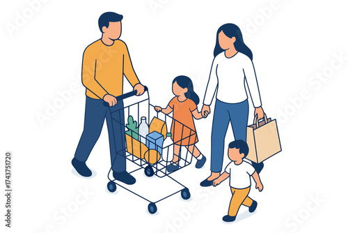Family shopping together with grocery cart in modern isometric style