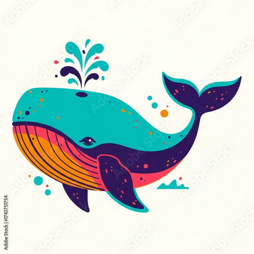Whale with Colorful Cute Riso Print Effect Vector Illustration